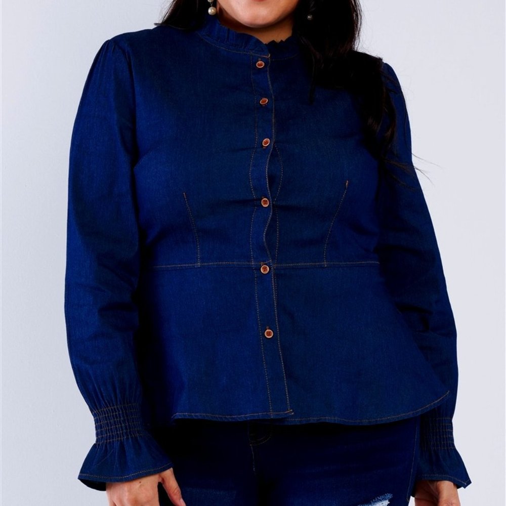 Comfy Denim peplum button front top ruffle detail